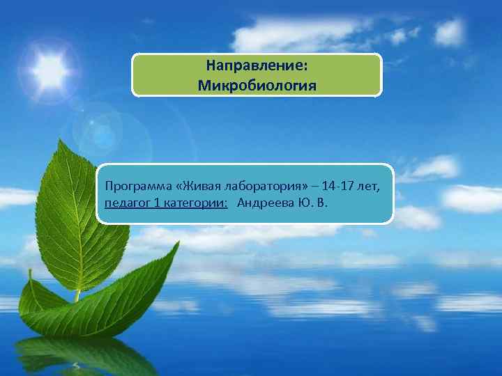 Направление: Микробиология Программа «Живая лаборатория» – 14 -17 лет, педагог 1 категории: Андреева Ю.