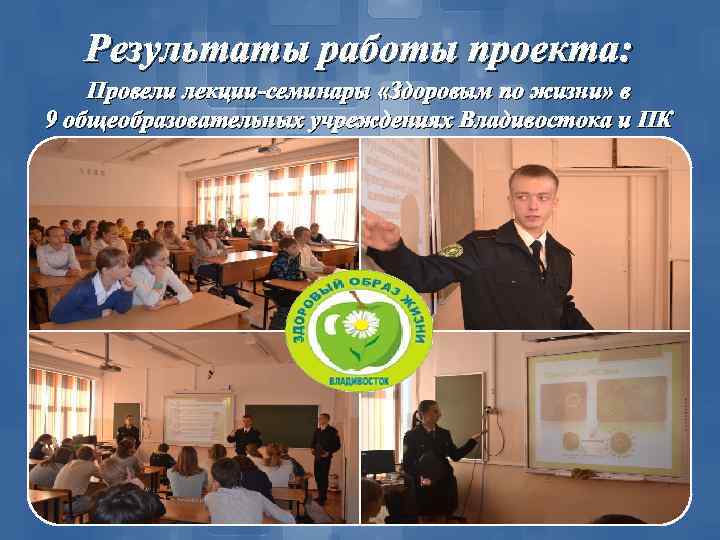 Результаты работы проекта: Провели лекции-семинары «Здоровым по жизни» в 9 общеобразовательных учреждениях Владивостока и