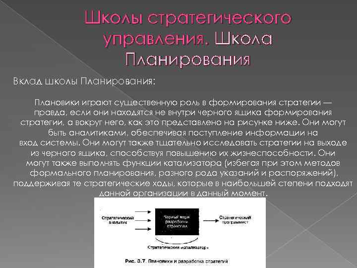 Школы стратегического управления. Школа Планирования Вклад школы Планирования: Плановики играют существенную роль в формирования