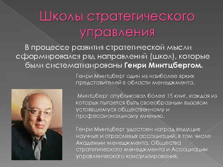 Школы стратегического управления В процессе развития стратегической мысли сформировался ряд направлений (школ), которые были