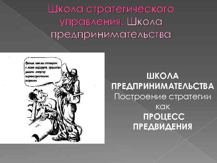 Школа стратегического управления. Школа предпринимательства ШКОЛА ПРЕДПРИНИМАТЕЛЬСТВА Построение стратегии как ПРОЦЕСС ПРЕДВИДЕНИЯ 