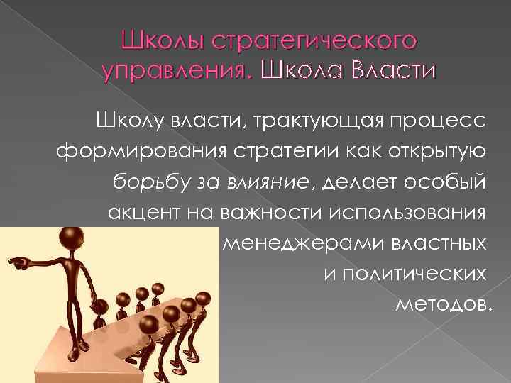 Школы стратегического управления. Школа Власти Школу власти, трактующая процесс формирования стратегии как открытую борьбу