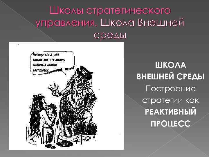 Школы стратегического управления. Школа Внешней среды ШКОЛА ВНЕШНЕЙ СРЕДЫ Построение стратегии как РЕАКТИВНЫЙ ПРОЦЕСС