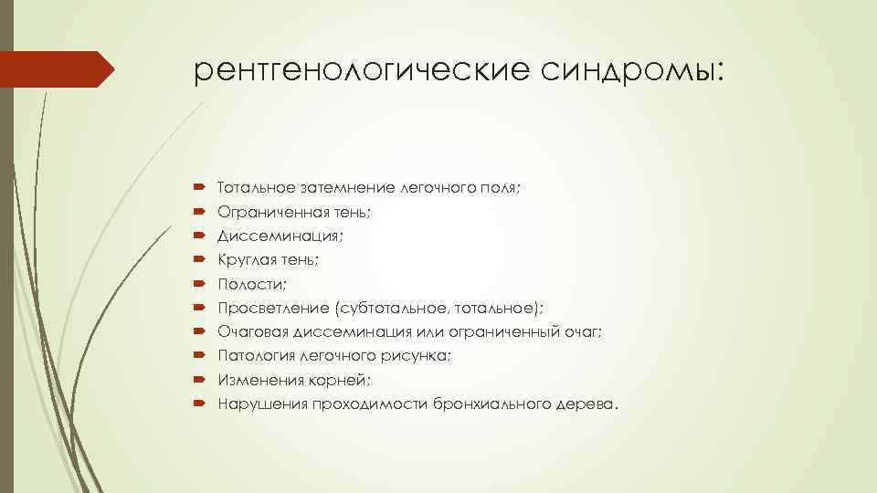 рентгенологические синдромы: Тотальное затемнение легочного поля; Ограниченная тень; Диссеминация; Круглая тень; Полости; Просветление (субтотальное,