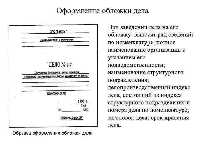 Оформление обложки дела При заведении дела на его обложку выносят ряд сведений по номенклатуре: