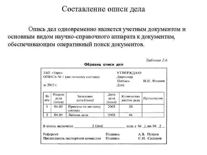 Составление описи дела Опись дел одновременно является учетным документом и основным видом научно-справочного аппарата
