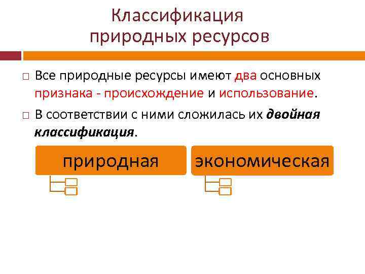 Классификация природных ресурсов Все природные ресурсы имеют два основных признака происхождение и использование. В