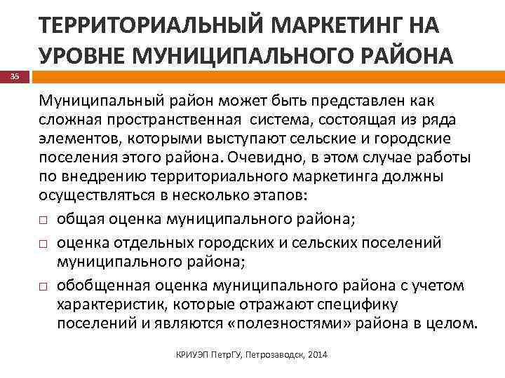 ТЕРРИТОРИАЛЬНЫЙ МАРКЕТИНГ НА УРОВНЕ МУНИЦИПАЛЬНОГО РАЙОНА 35 Муниципальный район может быть представлен как сложная