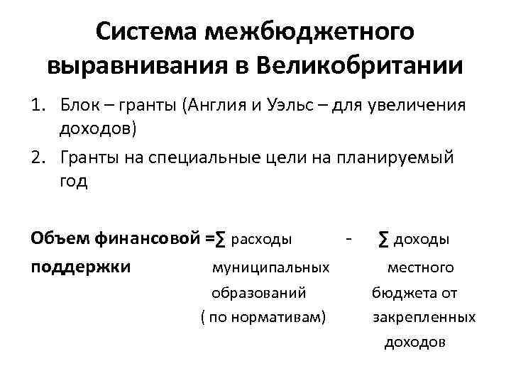 Система межбюджетного выравнивания в Великобритании 1. Блок – гранты (Англия и Уэльс – для