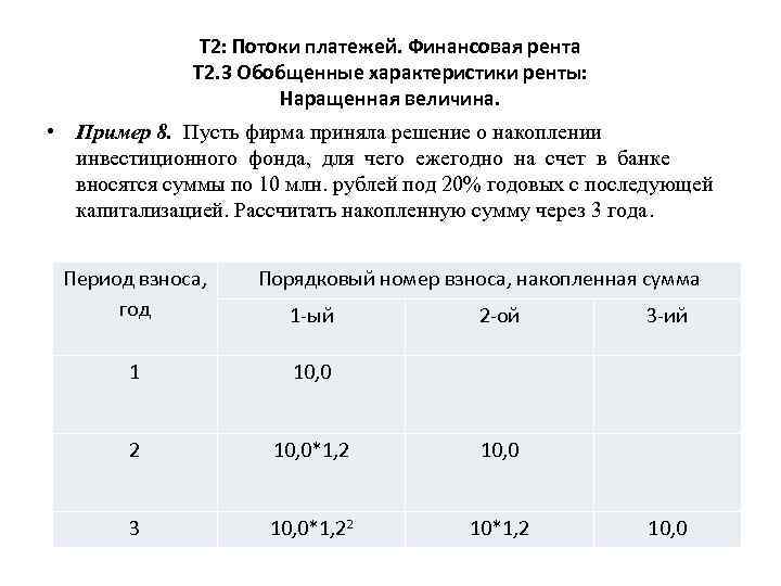 Т 2: Потоки платежей. Финансовая рента Т 2. 3 Обобщенные характеристики ренты: Наращенная величина.