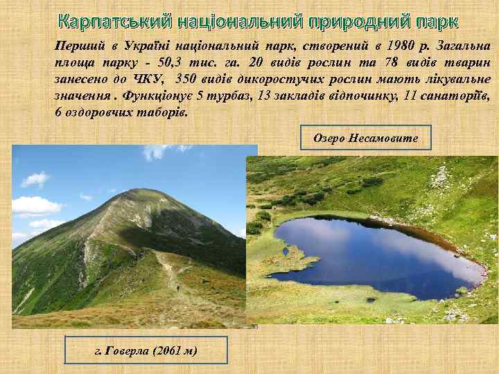  Карпатський національний природний парк Перший в Україні національний парк, створений в 1980 р.