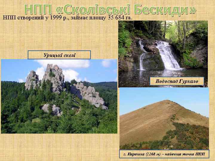 НПП «Сколівські. Бескиди» НПП створений у 1999 р. , займає площу 35 684 га
