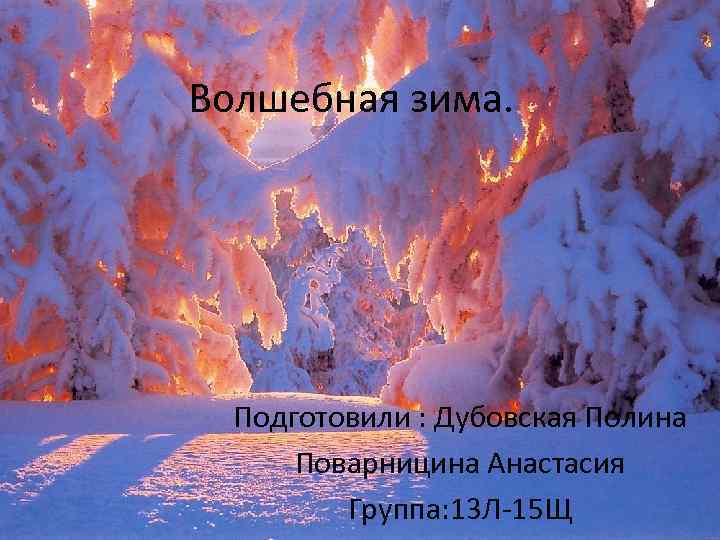 Волшебная зима. Подготовили : Дубовская Полина Поварницина Анастасия Группа: 13 Л-15 Щ 