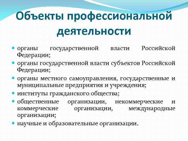 Объекты профессиональной деятельности органы государственной власти Российской Федерации; органы государственной власти субъектов Российской Федерации;
