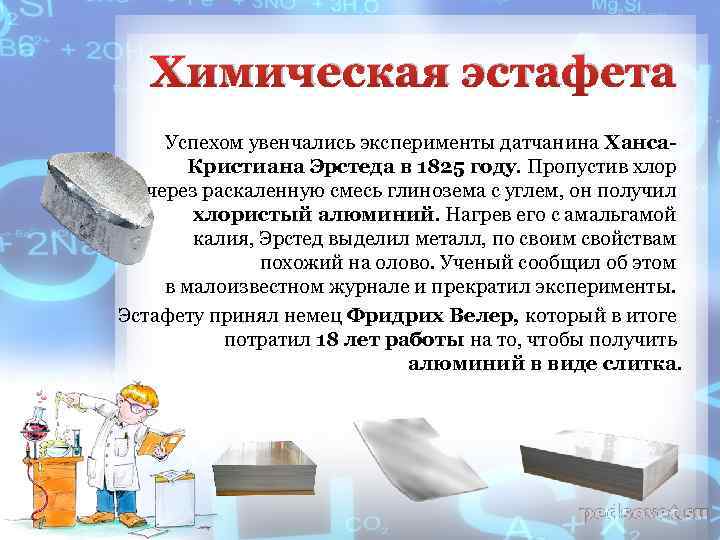 Химическая эстафета Успехом увенчались эксперименты датчанина Ханса. Кристиана Эрстеда в 1825 году. Пропустив хлор