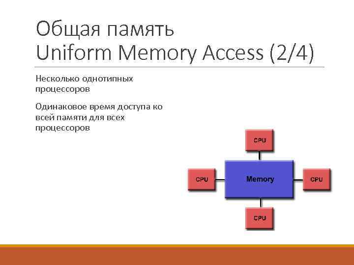 Общая память Uniform Memory Access (2/4) Несколько однотипных процессоров Одинаковое время доступа ко всей