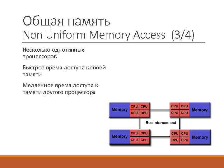 Общая память Non Uniform Memory Access (3/4) Несколько однотипных процессоров Быстрое время доступа к