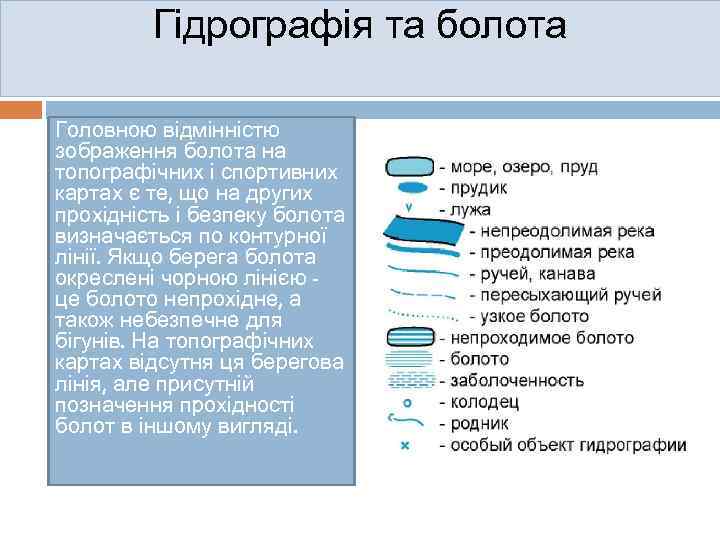 Гідрографія та болота Головною відмінністю зображення болота на топографічних і спортивних картах є те,