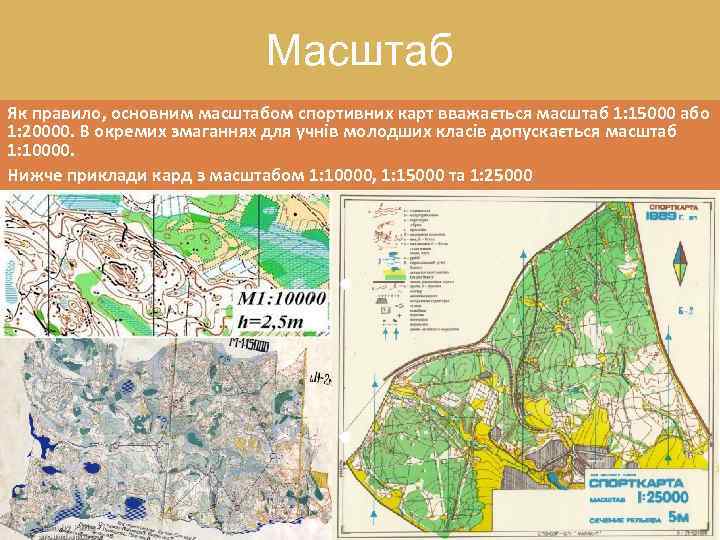 Масштаб Як правило, основним масштабом спортивних карт вважається масштаб 1: 15000 або 1: 20000.