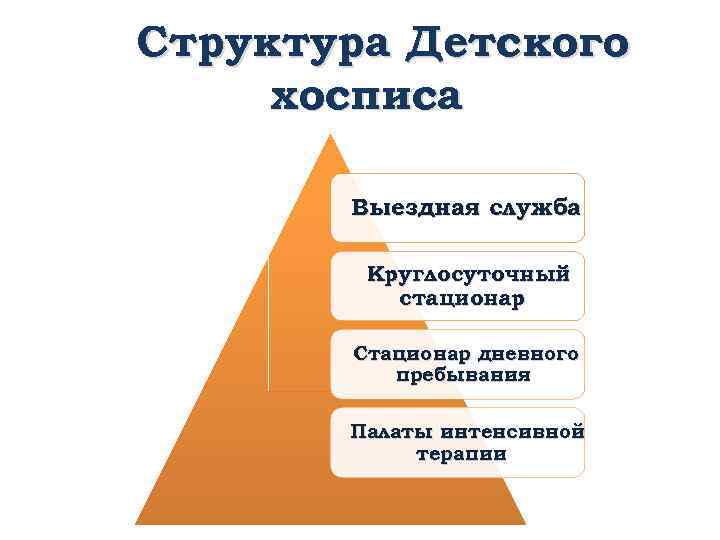 Структура Детского хосписа Выездная служба Круглосуточный стационар Стационар дневного пребывания Палаты интенсивной терапии 