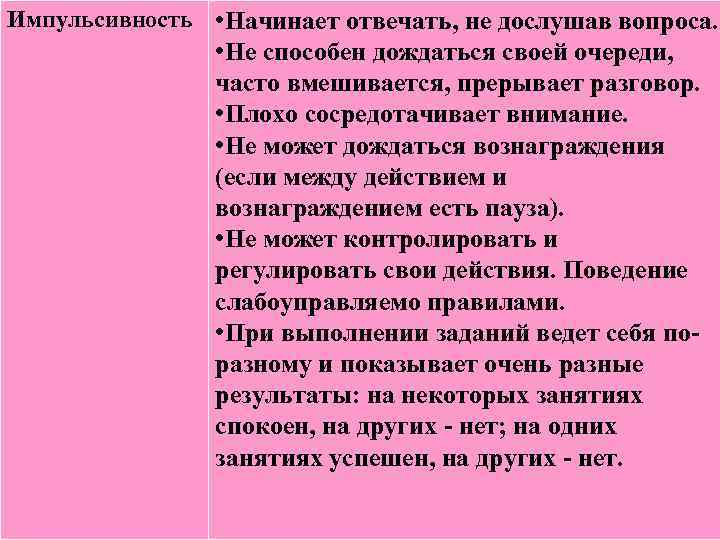 Импульсивность • Начинает отвечать, не дослушав вопроса. • Не способен дождаться своей очереди, часто