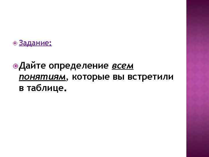  Задание: Дайте определение всем понятиям, которые вы встретили в таблице. 