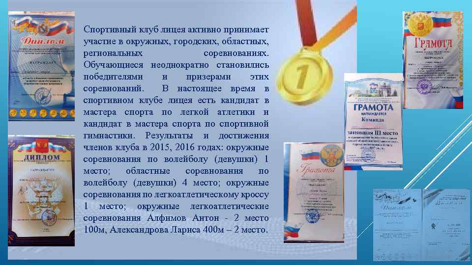 Спортивный клуб лицея активно принимает участие в окружных, городских, областных, региональных соревнованиях. Обучающиеся неоднократно