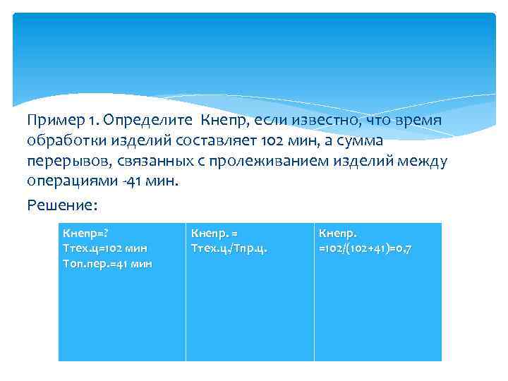 Пример 1. Определите Кнепр, если известно, что время обработки изделий составляет 102 мин, а
