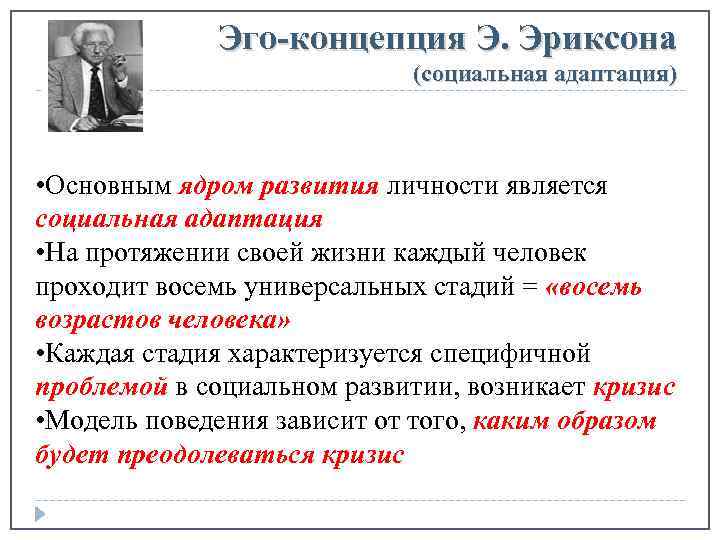 Эго-концепция Э. Эриксона (социальная адаптация) • Основным ядром развития личности является социальная адаптация •