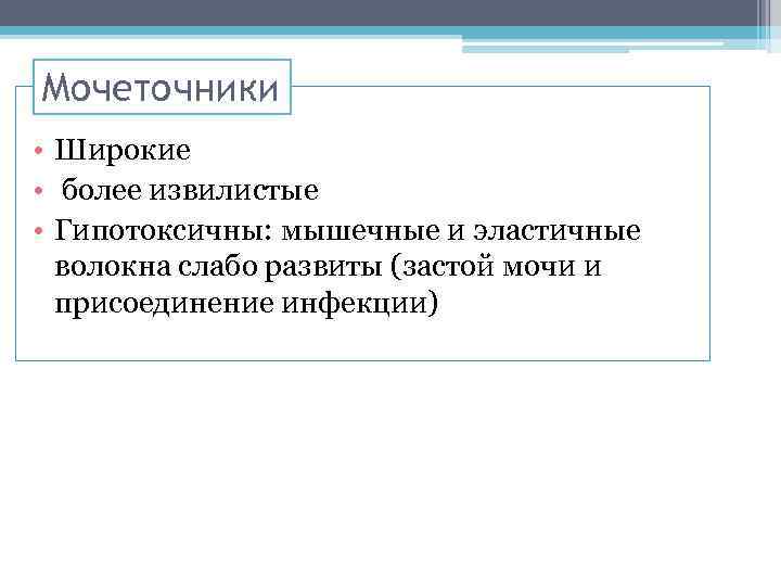 Мочеточники • Широкие • более извилистые • Гипотоксичны: мышечные и эластичные волокна слабо развиты