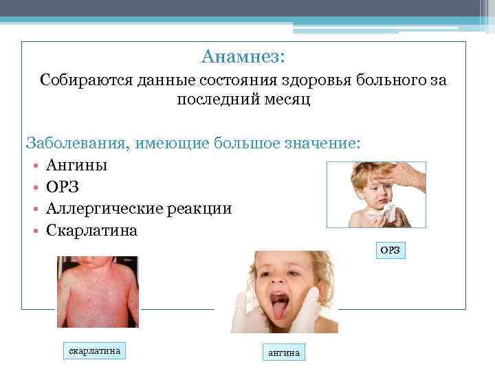 Анамнез: Собираются данные состояния здоровья больного за последний месяц Заболевания, имеющие большое значение: •
