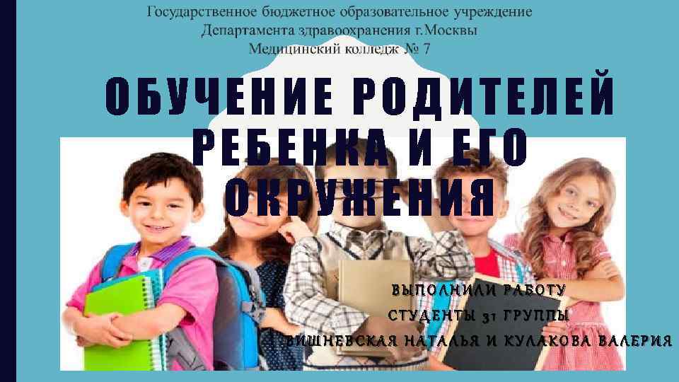 ОБУЧЕНИЕ РОДИТЕЛЕЙ РЕБЕНКА И ЕГО ОКРУЖЕНИЯ ВЫПОЛНИЛИ РАБОТУ СТУДЕНТЫ 31 ГРУППЫ ВИШНЕВСКАЯ НАТАЛЬЯ И