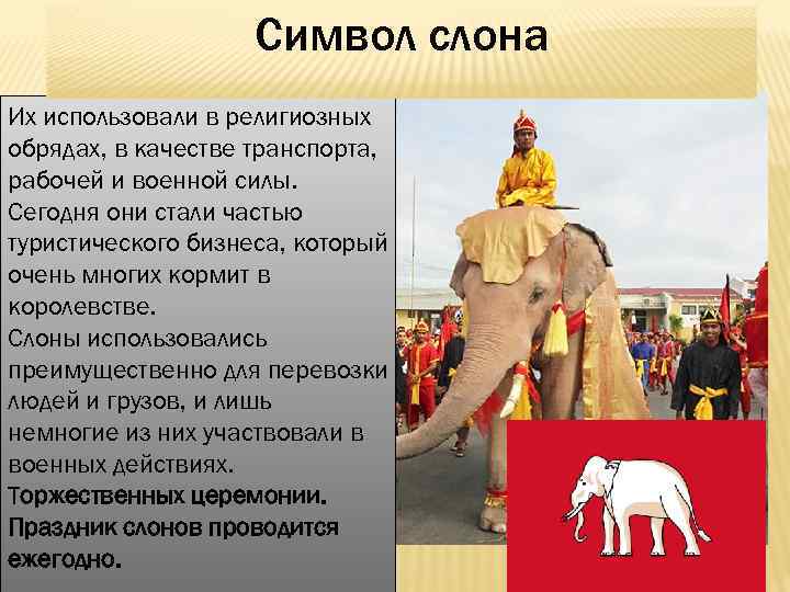 Символ слона Их использовали в религиозных обрядах, в качестве транспорта, рабочей и военной силы.