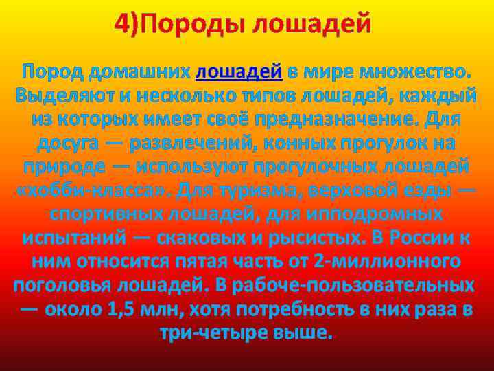 4)Породы лошадей Пород домашних лошадей в мире множество. Выделяют и несколько типов лошадей, каждый