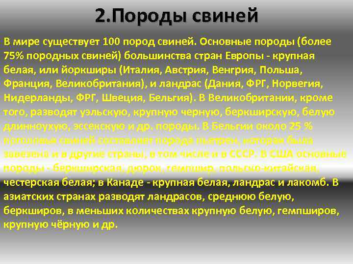 2. Породы свиней В мире существует 100 пород свиней. Основные породы (более 75% породных