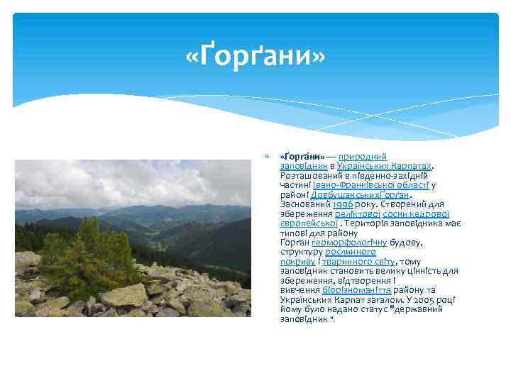  «Ґорґани» «Ґорґа ни» — природний заповідник в Українських Карпатах. Розташований в південно-західній частині