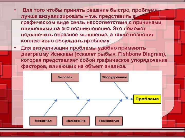  • Для того чтобы принять решение быстро, проблему лучше визуализировать – т. е.