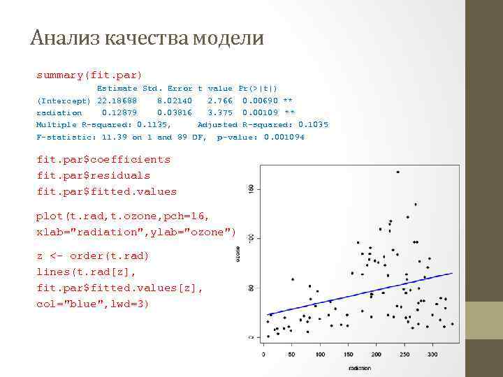 Анализ качества модели summary(fit. par) Estimate Std. Error t value Pr(>|t|) (Intercept) 22. 18688