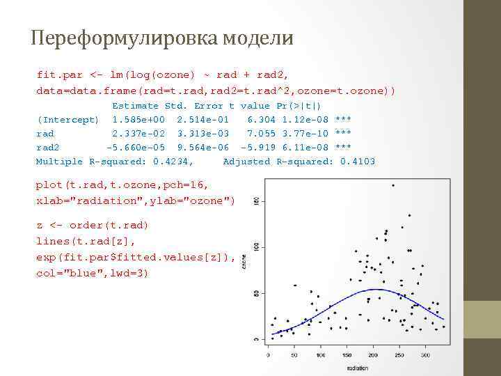 Переформулировка модели fit. par <- lm(log(ozone) ~ rad + rad 2, data=data. frame(rad=t. rad,