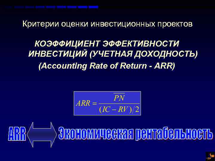 Критерии оценки инвестиционных проектов КОЭФФИЦИЕНТ ЭФФЕКТИВНОСТИ ИНВЕСТИЦИЙ (УЧЕТНАЯ ДОХОДНОСТЬ) (Accounting Rate of Return -