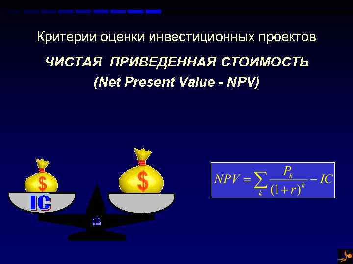 Критерии оценки инвестиционных проектов ЧИСТАЯ ПРИВЕДЕННАЯ СТОИМОСТЬ (Net Present Value - NPV) 