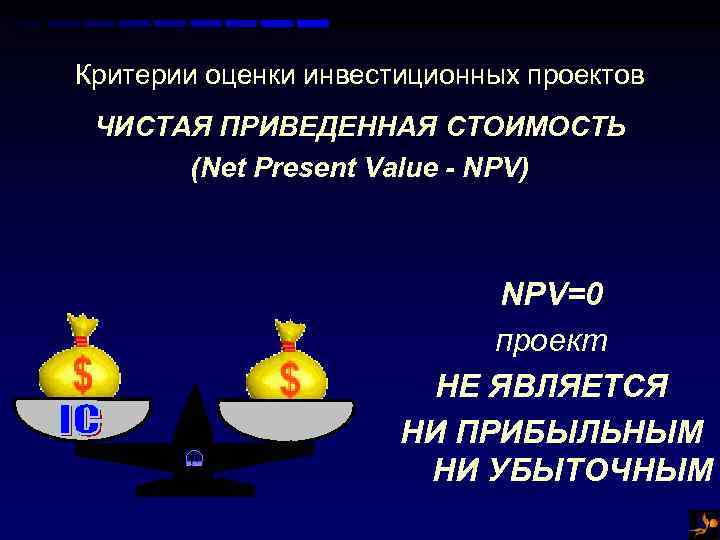 Критерии оценки инвестиционных проектов ЧИСТАЯ ПРИВЕДЕННАЯ СТОИМОСТЬ (Net Present Value - NPV) NPV=0 проект