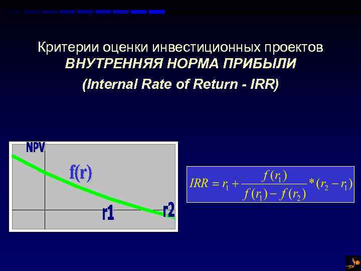 Критерии оценки инвестиционных проектов ВНУТРЕННЯЯ НОРМА ПРИБЫЛИ (Internal Rate of Return - IRR) 