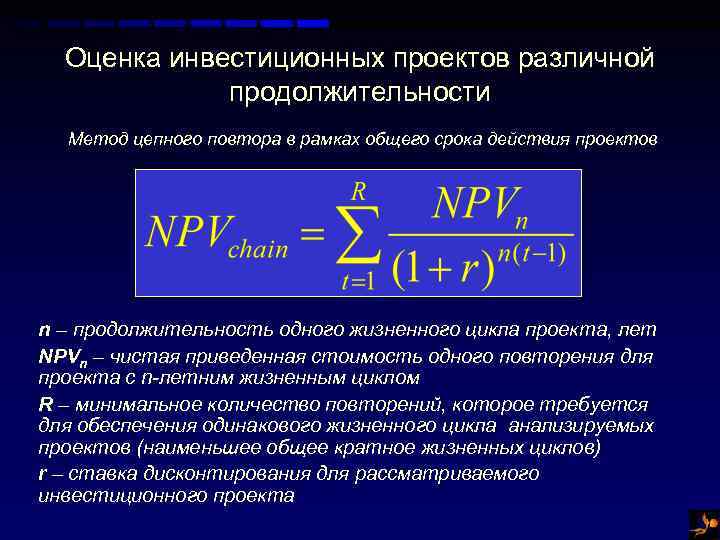 Оценка инвестиционных проектов различной продолжительности Метод цепного повтора в рамках общего срока действия проектов