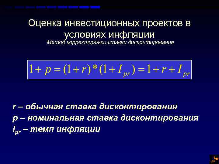 Оценка инвестиционных проектов в условиях инфляции Метод корректировки ставки дисконтирования r – обычная ставка