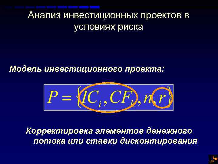 Анализ инвестиционных проектов в условиях риска Модель инвестиционного проекта: Корректировка элементов денежного потока или