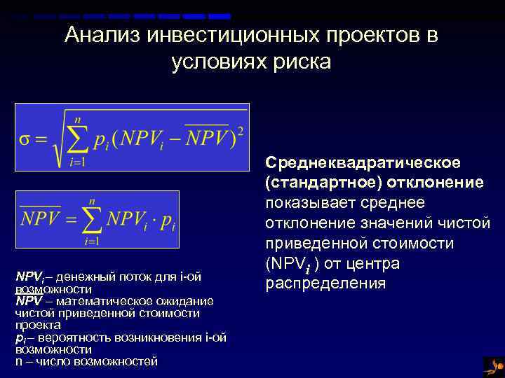 Анализ инвестиционных проектов в условиях риска NPVi – денежный поток для i-ой возможности NPV