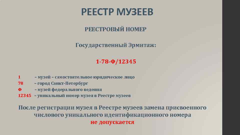 РЕЕСТР МУЗЕЕВ РЕЕСТРОВЫЙ НОМЕР Государственный Эрмитаж: 1 -78 -Ф/12345 1 78 Ф 12345 –