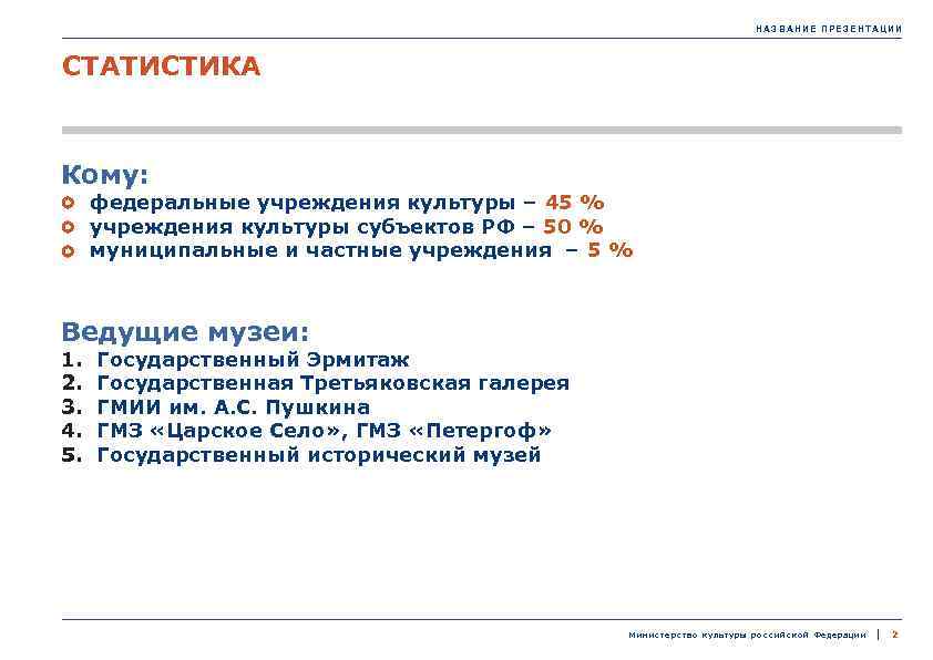 НАЗВАНИЕ ПРЕЗЕНТАЦИИ СТАТИСТИКА Кому: федеральные учреждения культуры – 45 % учреждения культуры субъектов РФ