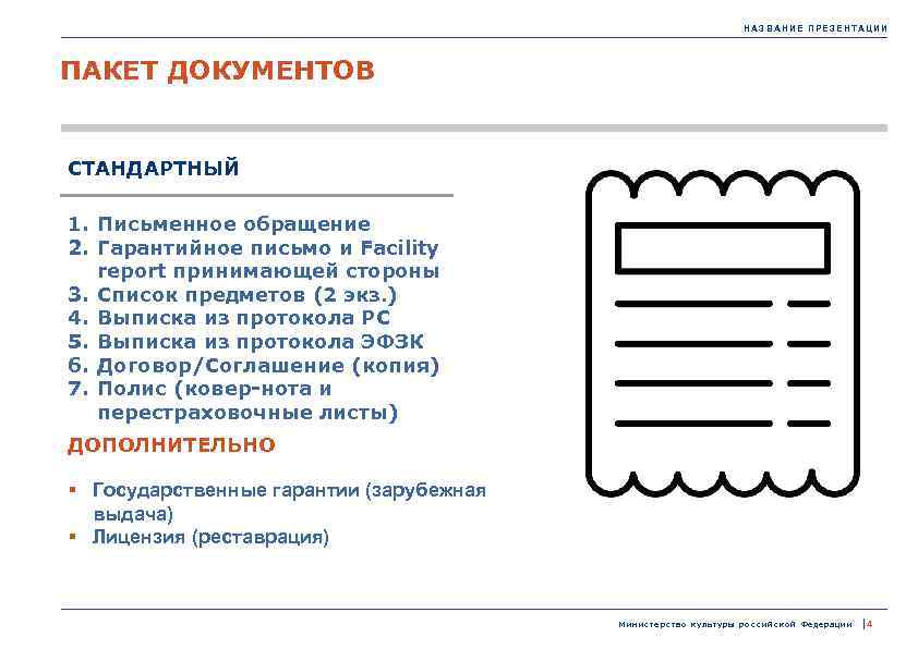 НАЗВАНИЕ ПРЕЗЕНТАЦИИ ПАКЕТ ДОКУМЕНТОВ СТАНДАРТНЫЙ 1. Письменное обращение 2. Гарантийное письмо и Facility report